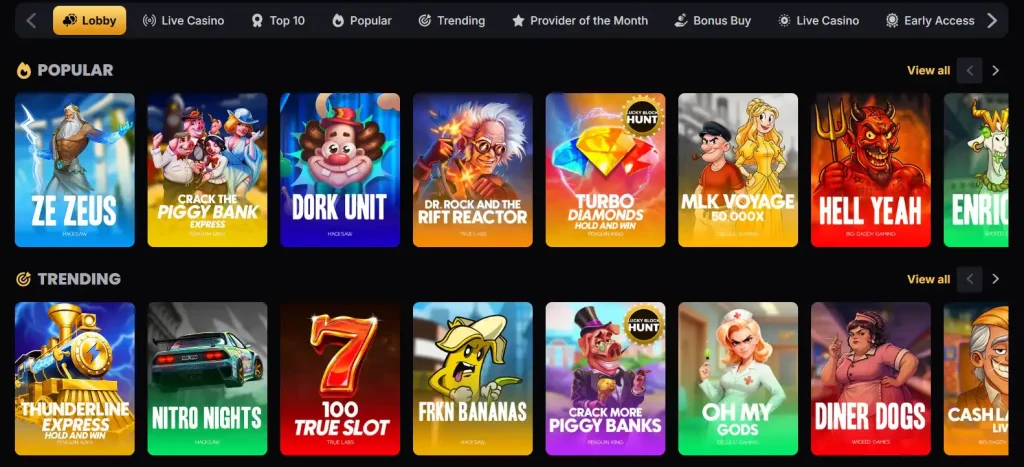 Actuele Lucky Block casinolobby met spelcategorieën