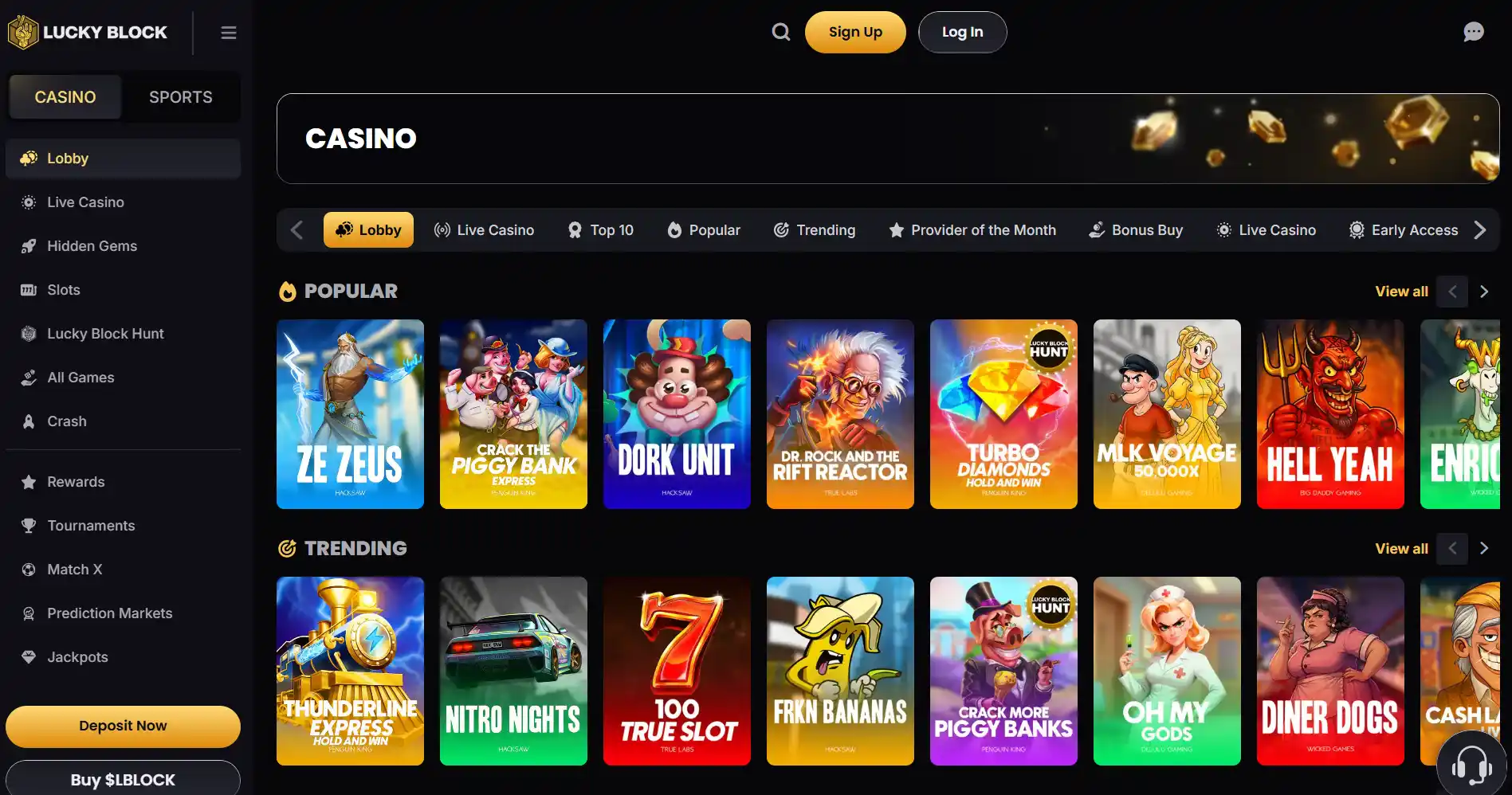 Actuele weergave van de Lucky Block homepage of casino lobby