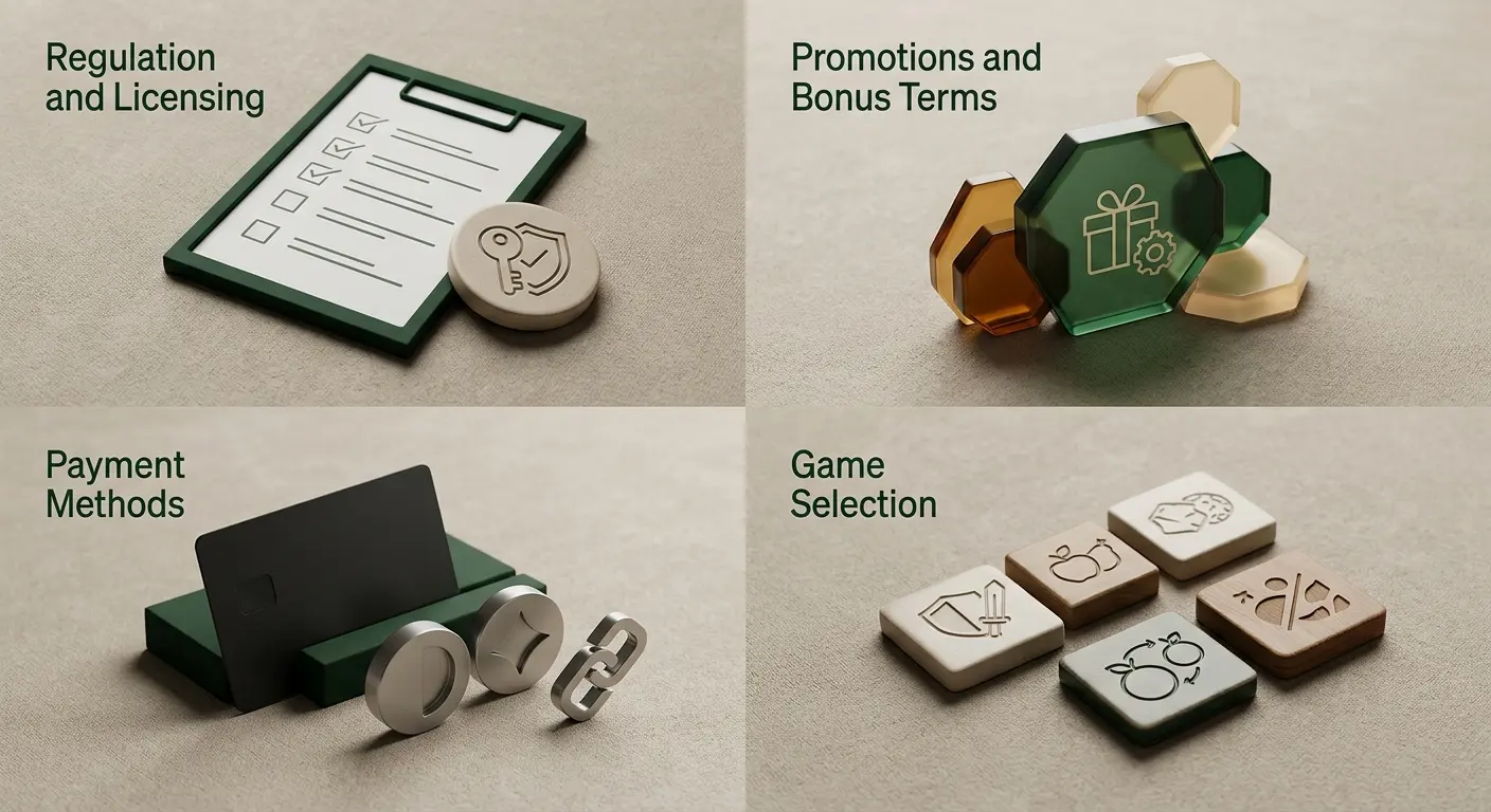Conceptuele vergelijking van vergunning, bonus, betalingen en spellen bij een online casino