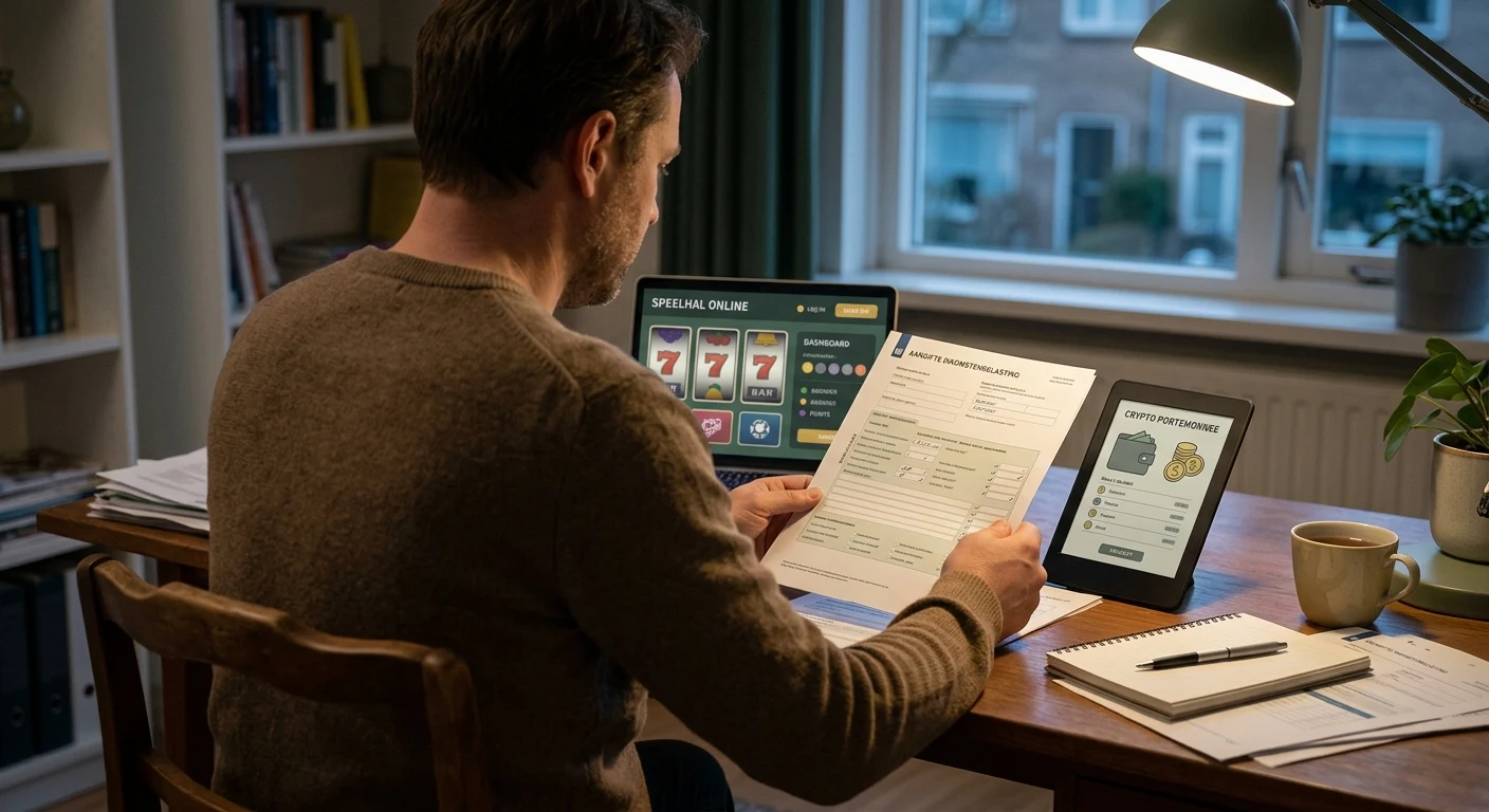 Illustratie van een Nederlandse speler die mobiel casino, crypto en belastinginformatie vergelijkt