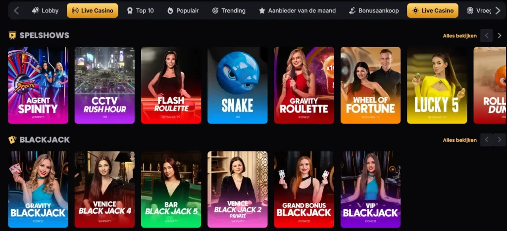 Lucky Block live-casinolobby met zichtbare live tafels of softwareleveranciers